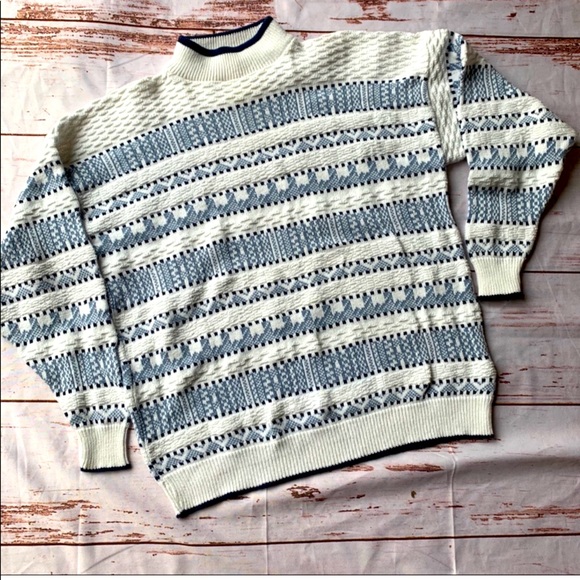 Vintage Sweaters - VINTAGE COSTAL GRANDMA STRIPED MOCK NECK COTTON SWEATER BLUE & WHITE SIZE SMALL